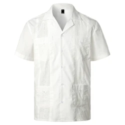 Men's Traditional Cuban Camp Collar Guayabera Shirts Short Sleeve Embroidered Mexican Caribbean Style Beach Shirts with 4 Pocket