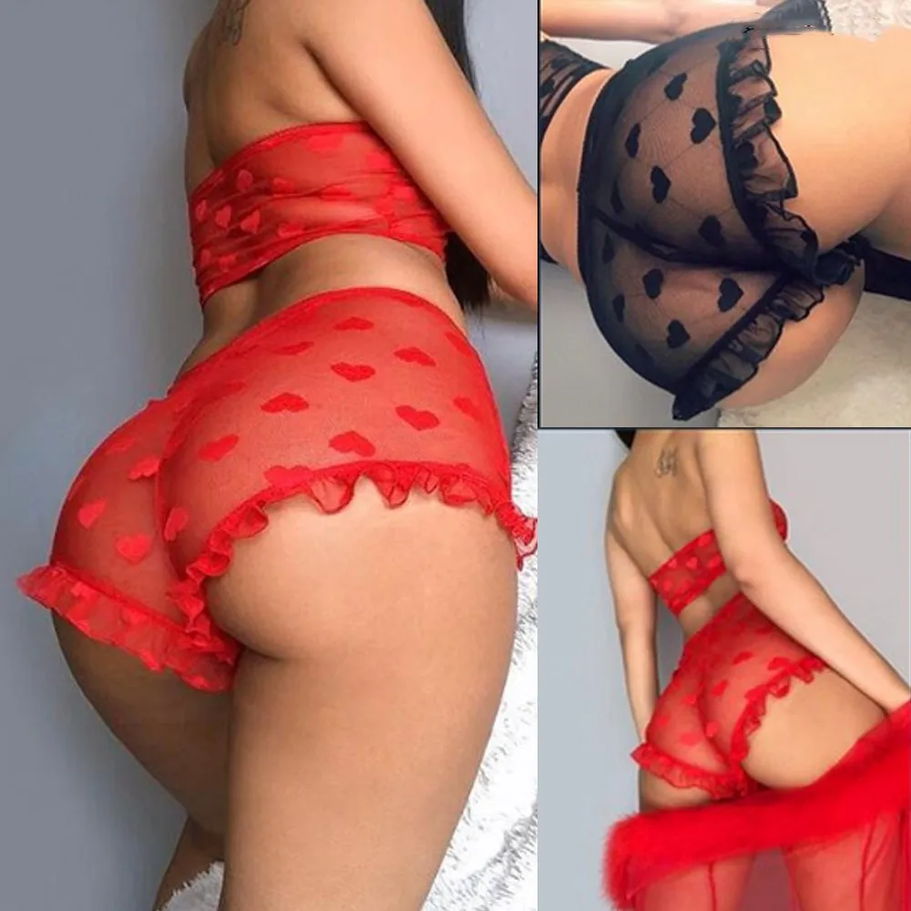 Women Pajama Sexy Lingerie Set Lace Heart Pattern See Through Mesh Crop Tops and High Waist Ruffle Panty Pijamas Set