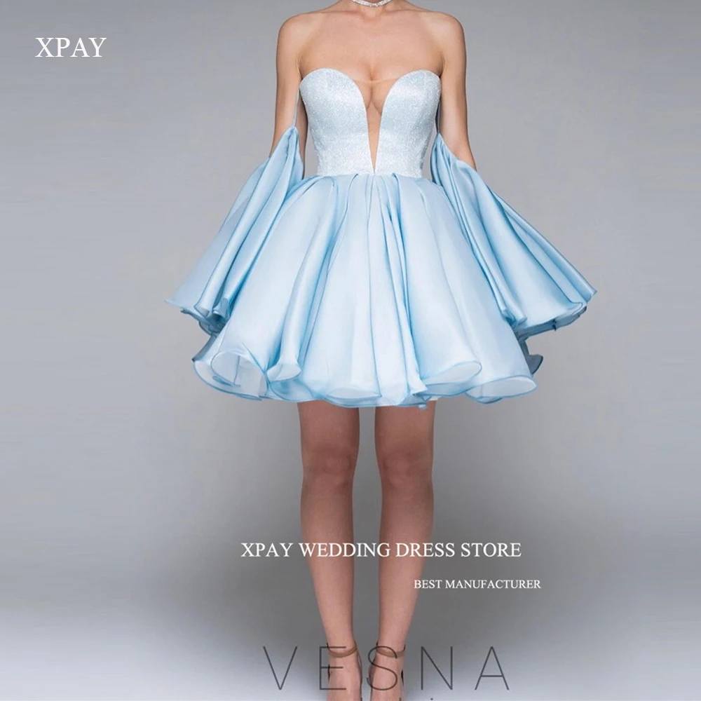 

XPAY Shiny Light Blue Short Prom Party Dresses Off the Shoulder Long Sleeves Silk Chiffon Mini Gowns Cocktail Dress Corset Back