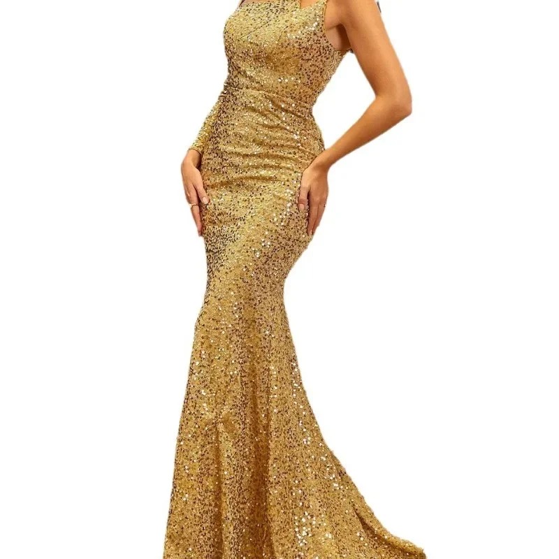 

2025 European and American New Fashion V-neck Bag Hip Glitter Mid Waist Off Shoulder Small Tail Long Evening Dress Sexy
