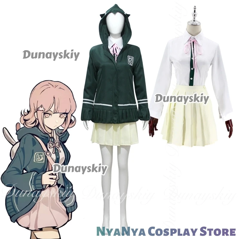 Danganronpa II: Trigger Happy Havoc Anime Nanami ChiaKi Cosplay com peruca curta com saia jaqueta verde Cosplay ktaTerno completo
