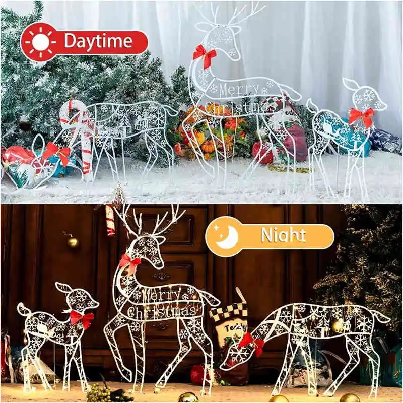 3PCS Handmade Iron Artelk Deer Christmas Garden Decor &LED Light Glowing Glitter Reindeer Xmas Home Outdoor Yard Decor