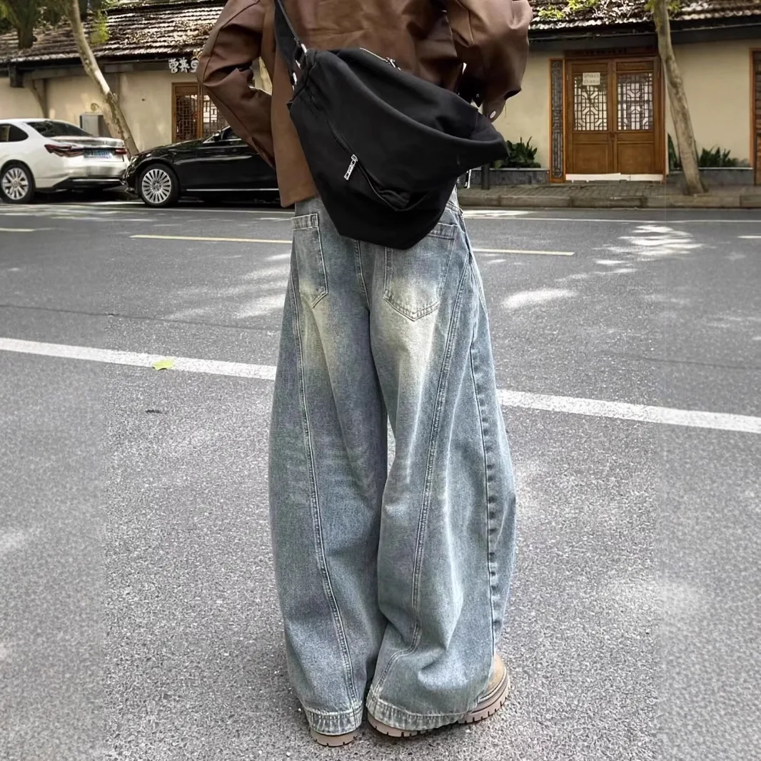 

2026 New Summer Men's Straight Loose Wide Leg Denim Pants Curved Blade Design Trendy Casual Jeans Fashion Streetwear Trousers