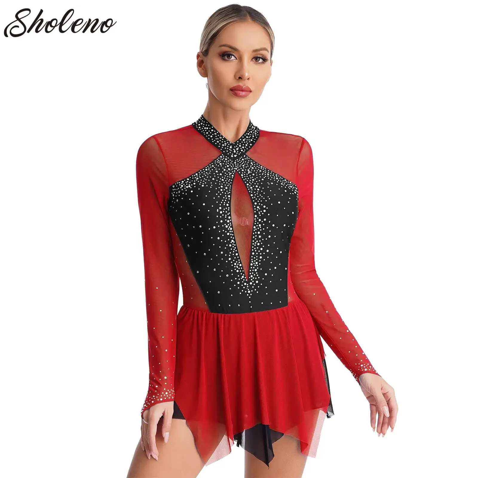 

Womens Ballet Dance Gymnastics Dress Rhinestones Lyrical Figure Skating Dress Irregular Hem Keyhole Back Long Sleeve Costumes