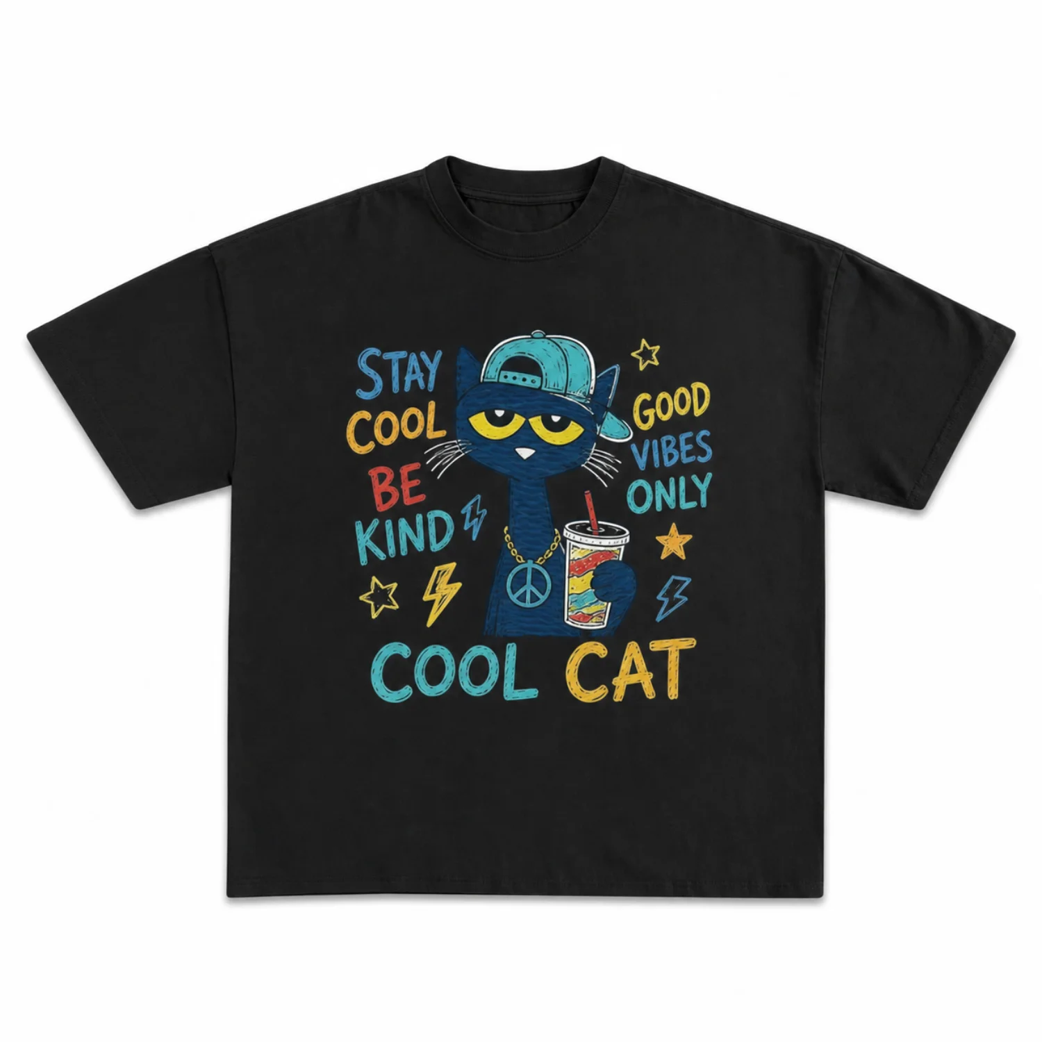 Trendy Black Unisex Crewneck Tee with Cool Cat Graphic and Positive Vibe Cartoon Design