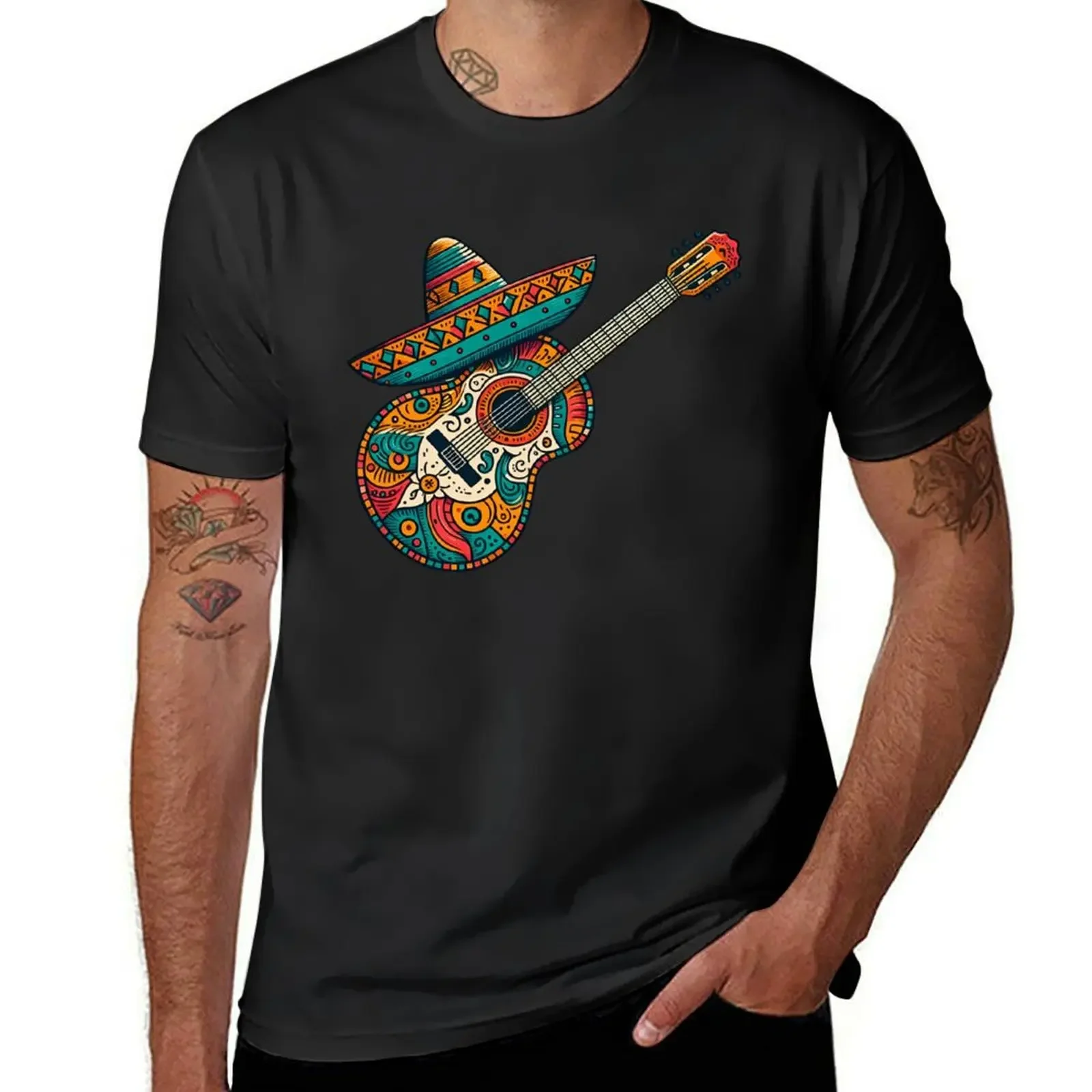 

guitar y sombrero cinco de mayo, music T-Shirt cheap stuff boys whites oversizeds men workout shirt