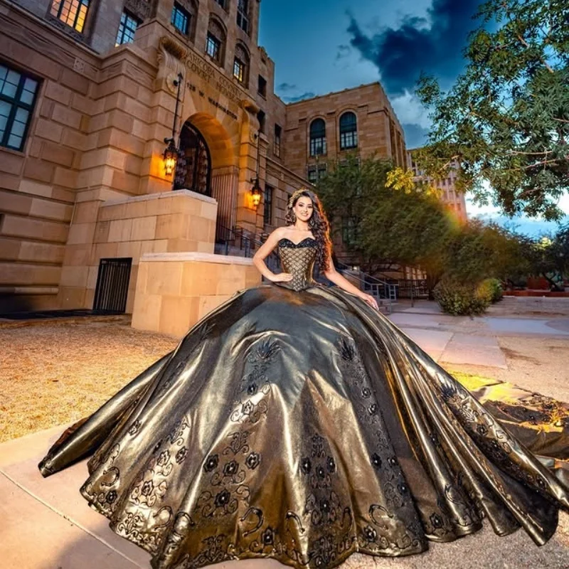 Maßgeschneidertes schulterfreies Quinceanera-Kleid in Olivfarbe, Tüll-Kristall, 3D-Blumen-Schicht-Applikation, Vestidos de 15 Quinceanera