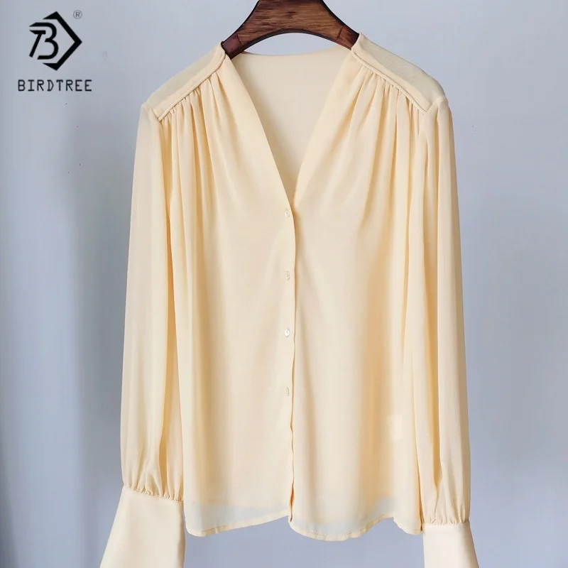 Birdtree, chemisier 100% soie véritable, hauts décontractés à col en v Double couche pour femmes, simple boutonnage, manches complètes, nouvelle chemise ample 2025 T5D403JF
