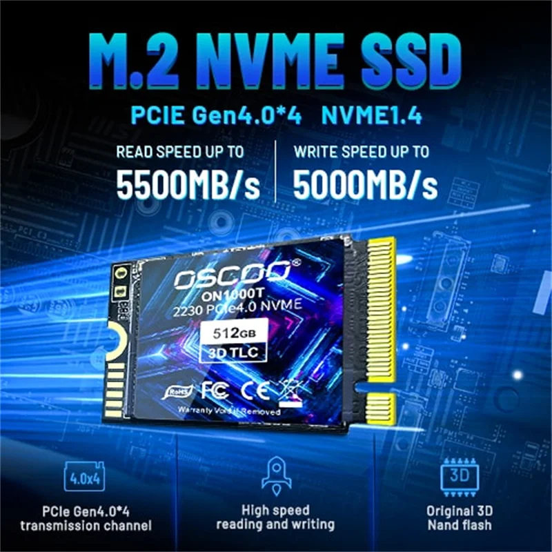 OSCOO 2230 NVMe PCIe Gen 4x4 SSD, 마이크로소프트 서피스 프로 X 서피스 노트북 3 스팀 데크용, M.2 SSD, 1TB, 512GB