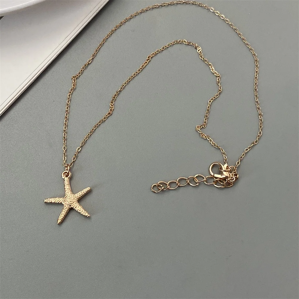 Golden Color Starfish Shell Conch Pendant Necklace Link Chain Gift Neck Jewelry Gift for Beach See Necklace image 6
