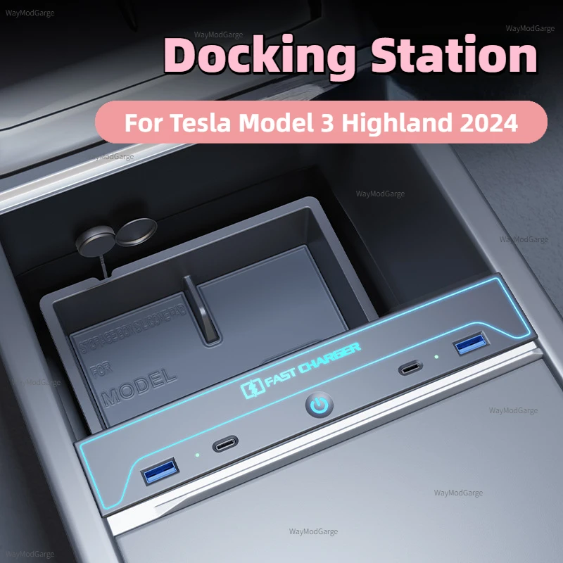 Car Docking Station for Tesla Model 3 Highland 2024 Central Control HUB USB Fast Charger RGB Atmosphere Lamp Auto Accessories