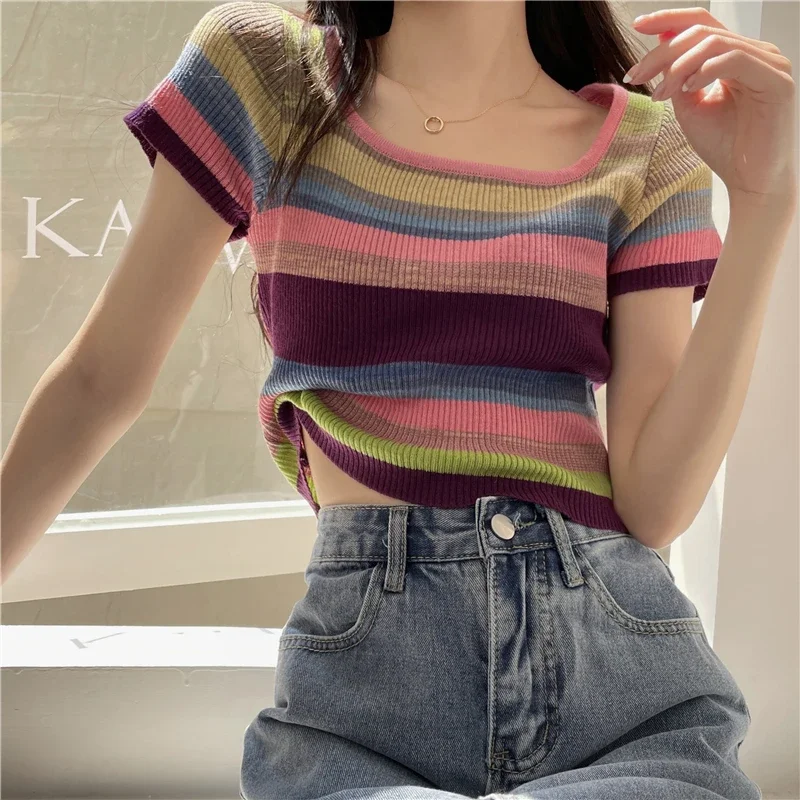 

Women Contrast Striped Top Tee Summer Vintage Slim Short Style Tops Fashion Sweet Square Collar Knitted Short Sleeve T-shirt