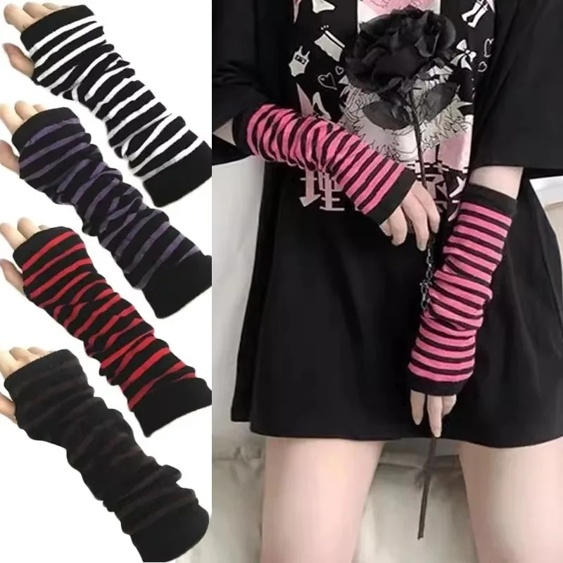 Punk Long Sleeves Fingerless Gloves Cuff for Women Men Stripe Hip-Hop Knitted Elbow Mittens Elastic Winter Arm Warmer Outdoor