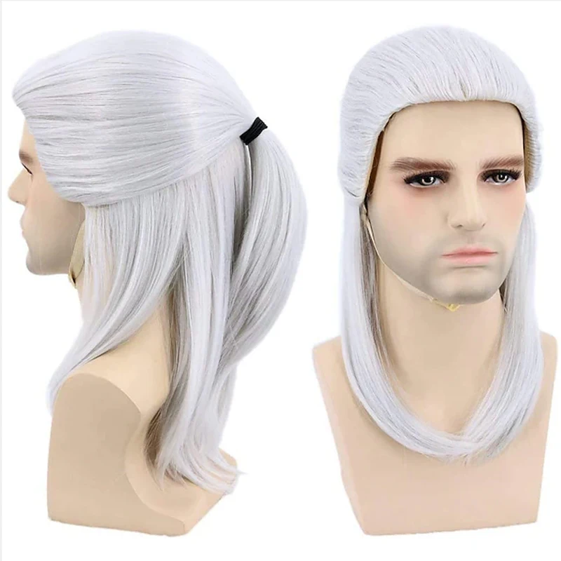 HAIRJOY Prata Branco Geralt de Rivia Cosplay Peruca Longa Reta Perucas Traje Sintético Cabelo Calor Fibra Resistente