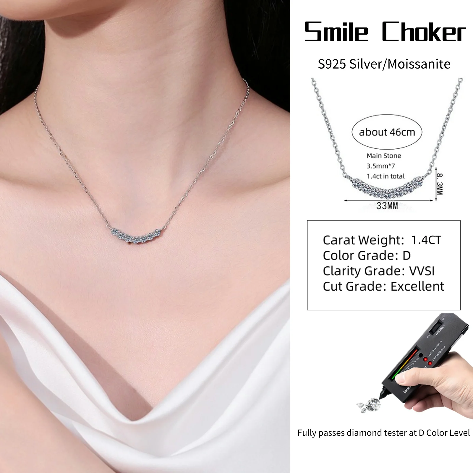 

Luxury Sparkle Choker Smile Design S925 Silver with Moissanite Diamond Necklace Elegant Ladies' Jewelry Women's Jewellery