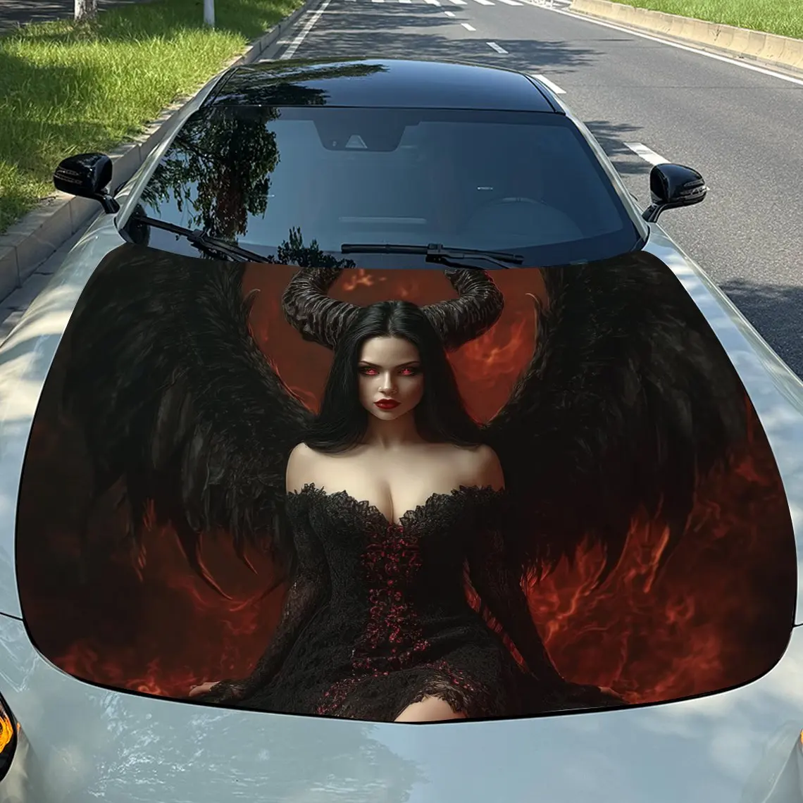 Red Eyed Sheep Horn Demon Car Hood Decal Sticker - Durable Vinyl Wrap, Fit For Most Vehicles, Engine Protection & Stylish Automo