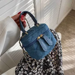 Denim Campus Unisex Light Small-Mini Diamond Check Blue Handbag Shoulder Crossbody Bags Bucket Chain Jean Women Purse