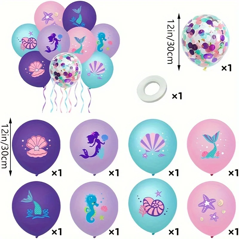 10pcs Mermaid Balloon Printed Colorful Paper Scrap Latex Blue Purple Ocean Balloon Mermaid Party Decoration Supplies