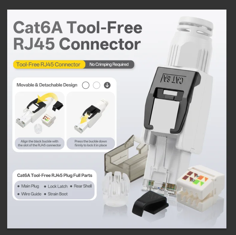 12Pcs Cat6A Tool-Free RJ45 Connector, 10Gbps Toolless RJ45 Plug No Crimping Required, Support 22-26AWG T568A/T568B Wiring