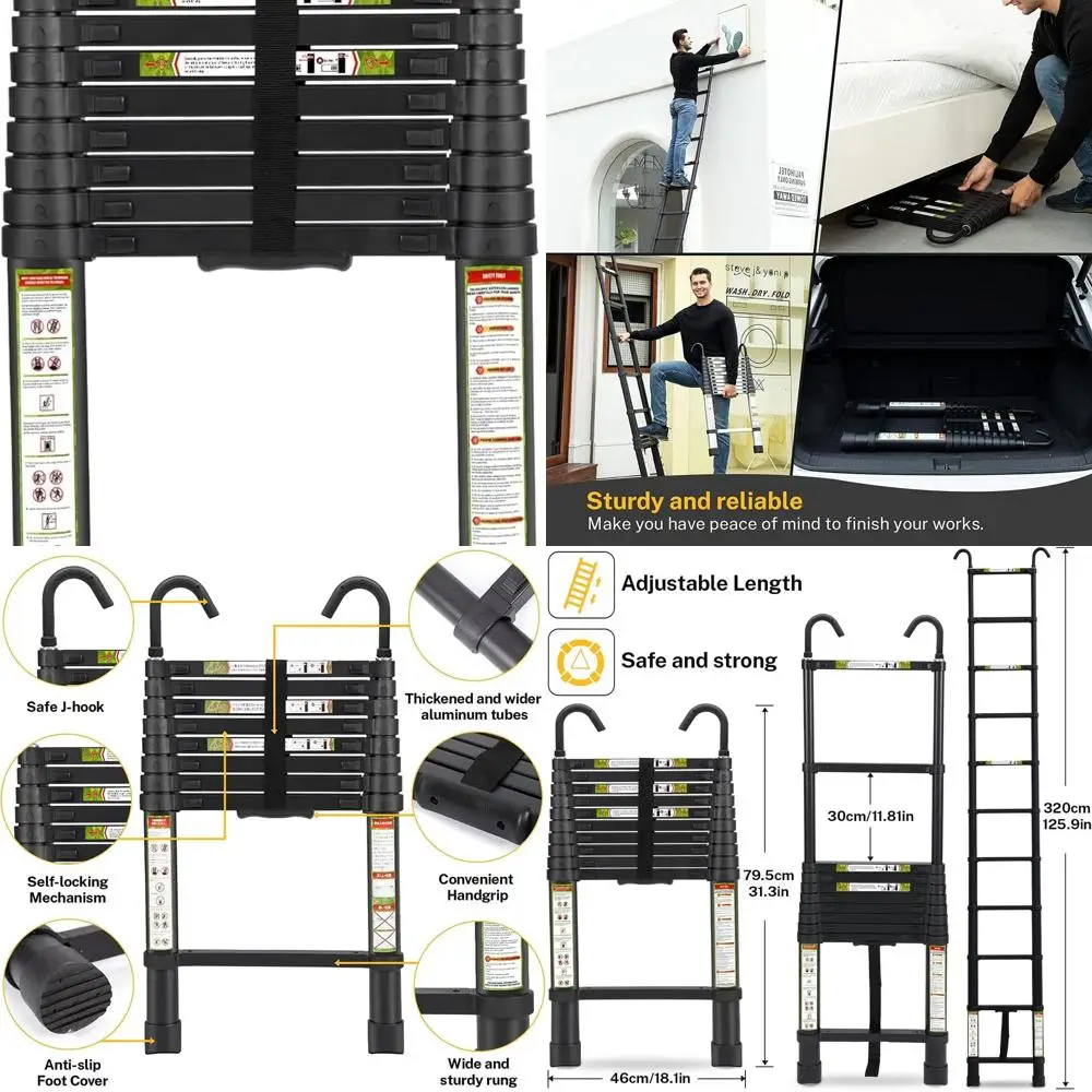 

Телескопическая лестница, алюминиевая телескопическая лестница 10,5 футов с нескользящими ножками и устойчивым крючком, портативная удлинительная лестница для дома