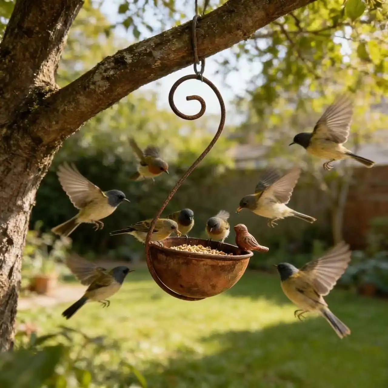 Rusty Wrought Iron Hanging Bird Feeder Outdoor Garden Yard Bird Water Dish Bird Bath