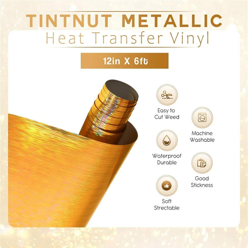 Metallic HTV - 12 Inches X 6Ft Roll Gold Heat Transfer Vinyl Self-Adhesive Heat Transfer Vinyl