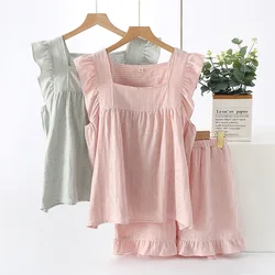 Puur Katoenen Schattige Kleding Sexy Vrouwen Nachtkleding Mouwloze Nachtkleding Pyjama Tweedelige Set Dunne Dames Zomerpak