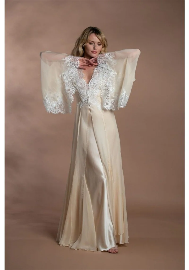 

Beige Lace Woman Wedding Sleepwear 2 Pcs Skirt Set Prom Dress Full Sleeves Bridal Robes Evening Gown Autumn Fall Customized