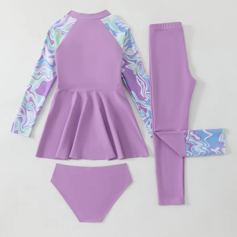 Split Girls Swimwear Children Swimming Suit Long Sleeve Swimsuit Kids Teens Skirt Set With Pants Front Zipper Beachwear