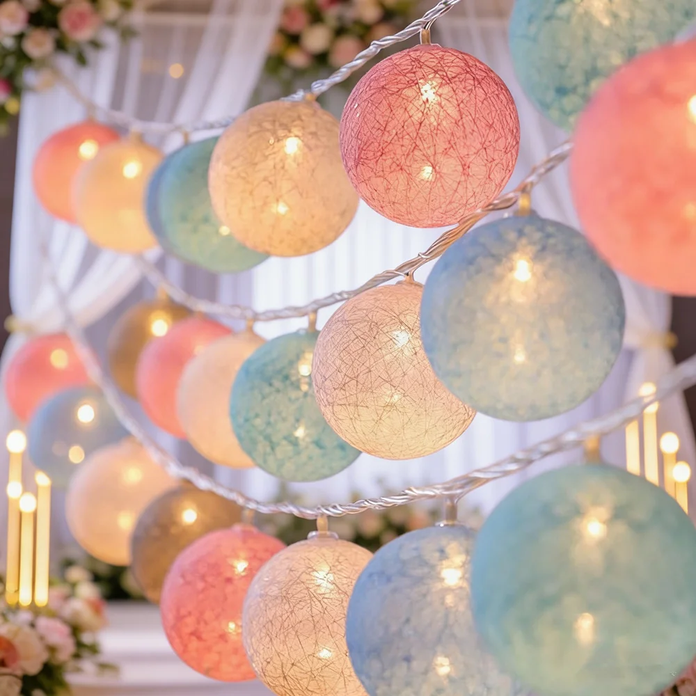 10/20LED Cotton Balls String Light Wedding Party Garland Fairy Street Lights Outdoor Garden Patio Christmas Decorations for Home
