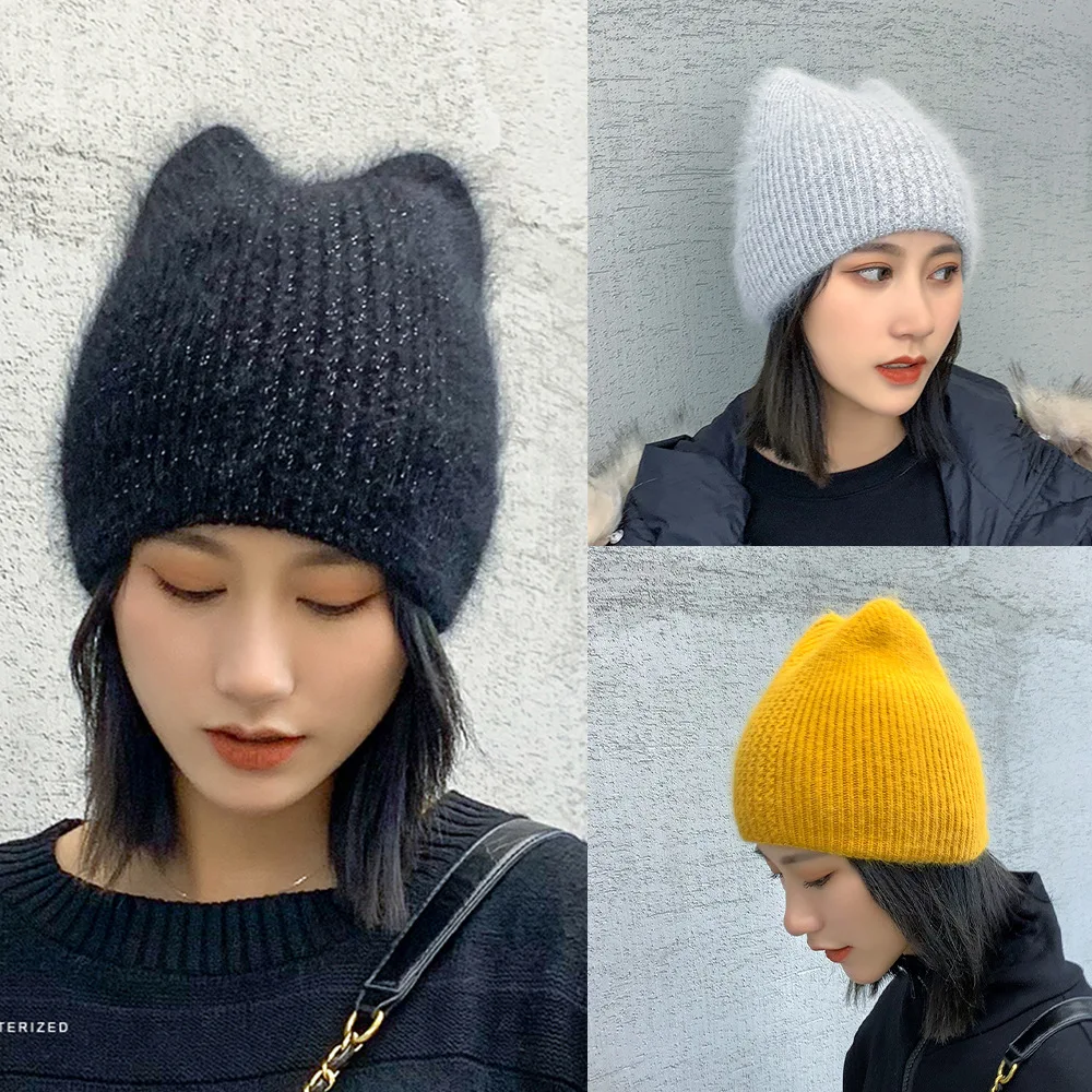 New 7 Colorways Rabbit Fur Cat Ears With Lurex Woman Winter Hat Solid Color Autumn Beanies Warm Bonnet Skullies Gift Wholesales