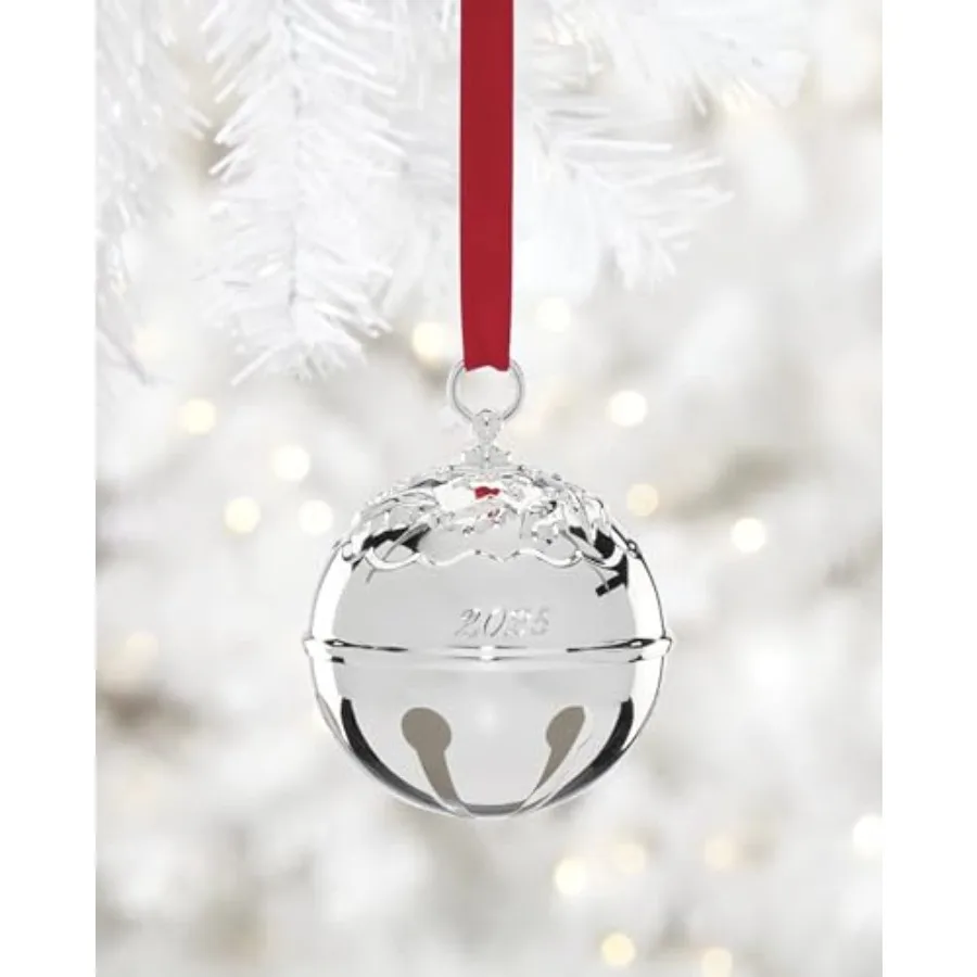 زخرفة 2025 هولي بيل حلية فضية مصنوعة من المعدن زينة شجرة عيد الميلاد الجميلة مع شريط أحمر للتعليق I