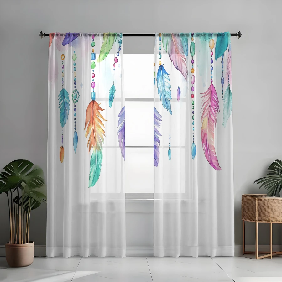 2PCS Digital Print Sheer Curtain, Colorful Feather Beaded, Boho Chic Window Curtains for Living Room Bedroom Home Decor