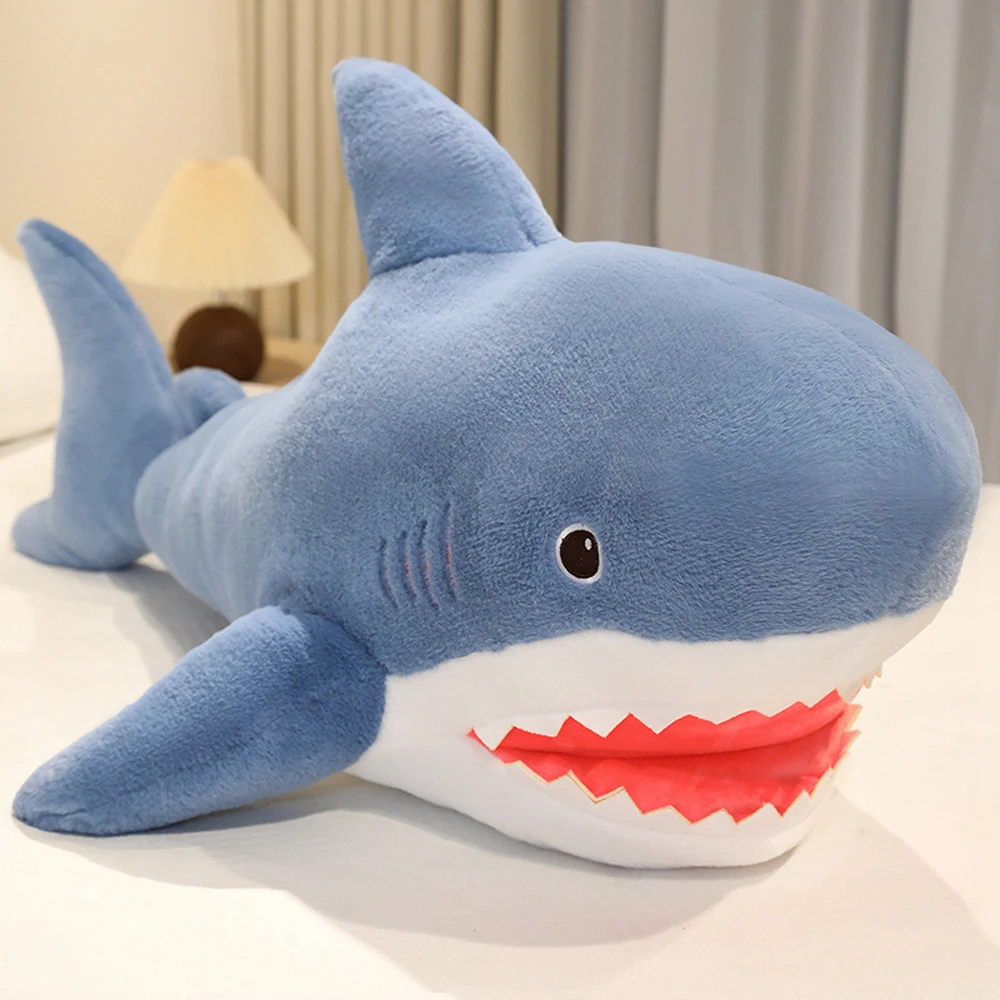 Fluffy Blue Shark Plush Toy With Sharp Teeth Big Red Mouth Kawaii Shark Stuffed Sea Animal Cuddle Plushie Cute Birthday Presents