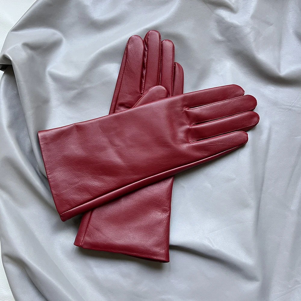 

Мужские перчатки из коровьей кожи плода, женские кожаные перчатки средней длины, 24 см, 28 см, Encore, красные, черные, одинарные кожаные, без подкладки