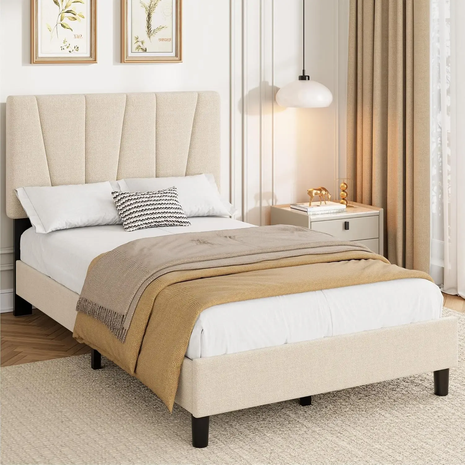 

Twin Size Bed Frame with Headboard Adjustable, LinenUpholstered Twin Platform Bed with Headboard, Mattress, Customized