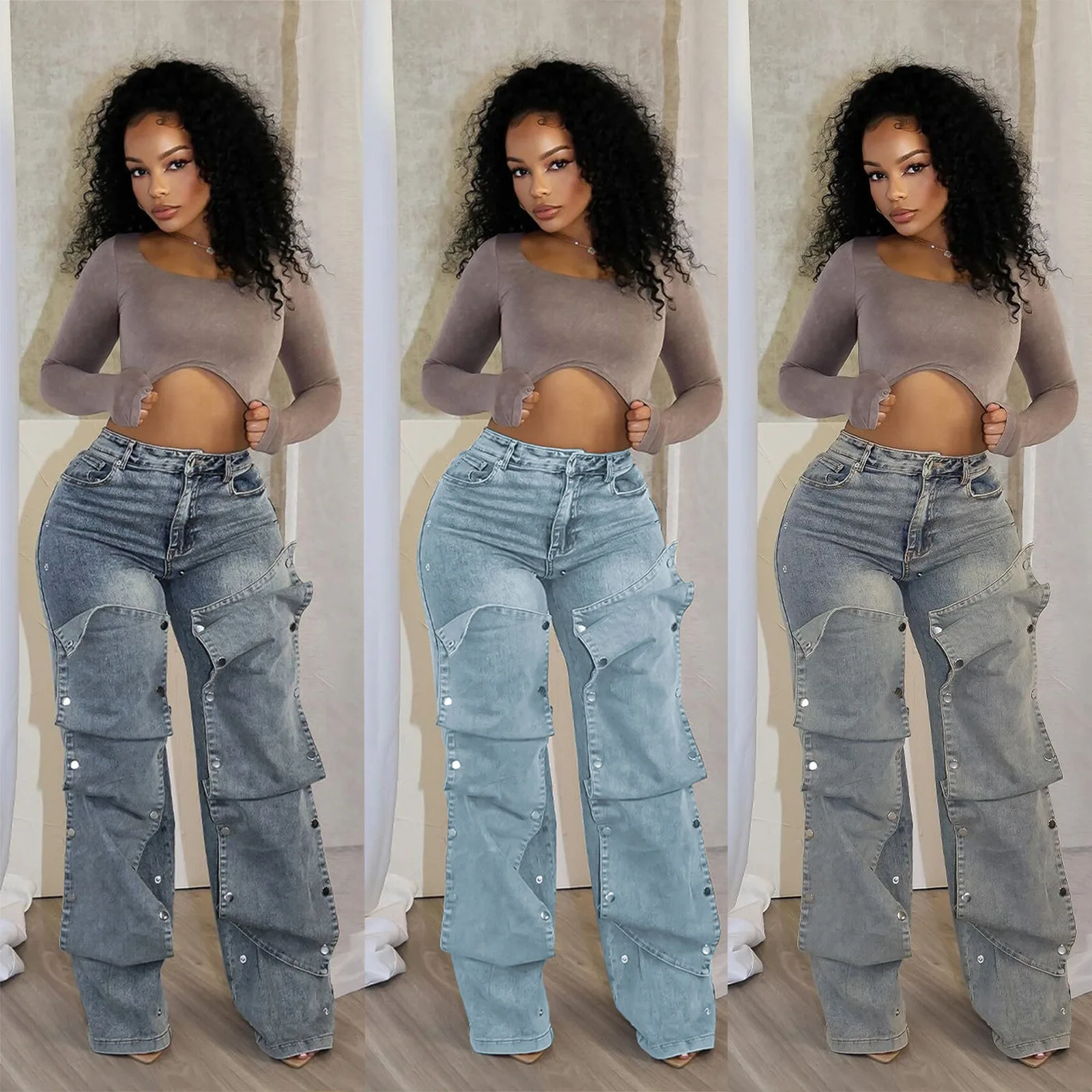 Women Light Wash Stacked Flare Jeans High Waist Rivet Decor Asymmetric Ruffle Patch Denim Trousers