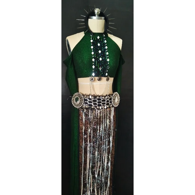 customized belly dancewear performance costume tribal fusion top double skirt waist belt tassel hip scarf 4-piece set