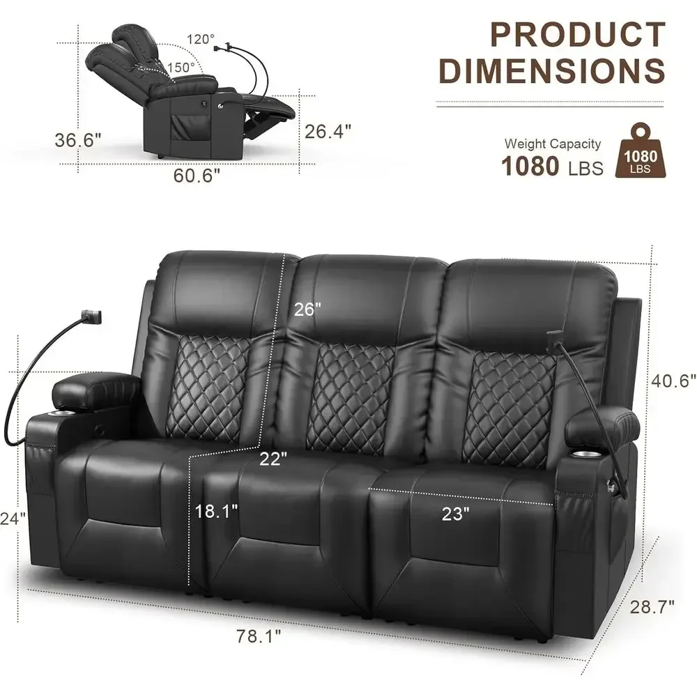 Tri-Seat Dual Reclining Sofa, PU Leather Loveseat, Cup and Cell Phone Holders, USB Ports, Black