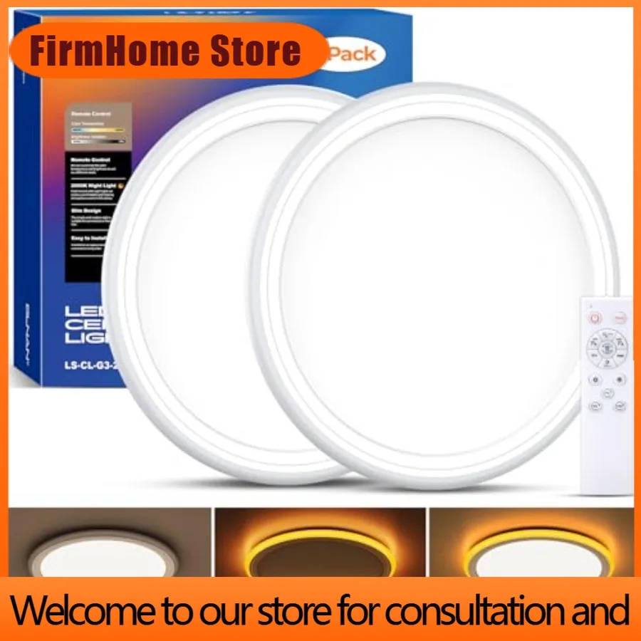 FirmHome Store2Pack LED Flush Mount Ceiling Light Fixture With Night Light 13inch 24W 2400LM 3000K/4000K/6500K Selectable Dimmab