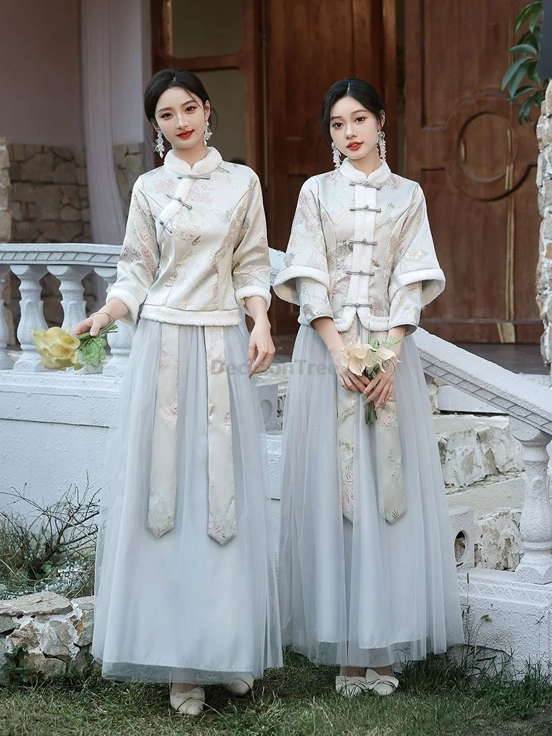 

2025 новый комплект одежды для подружки невесты в китайском стиле, зимний утепленный теплый костюм с длинными рукавами, элегантный ретро-модный облегающий костюм