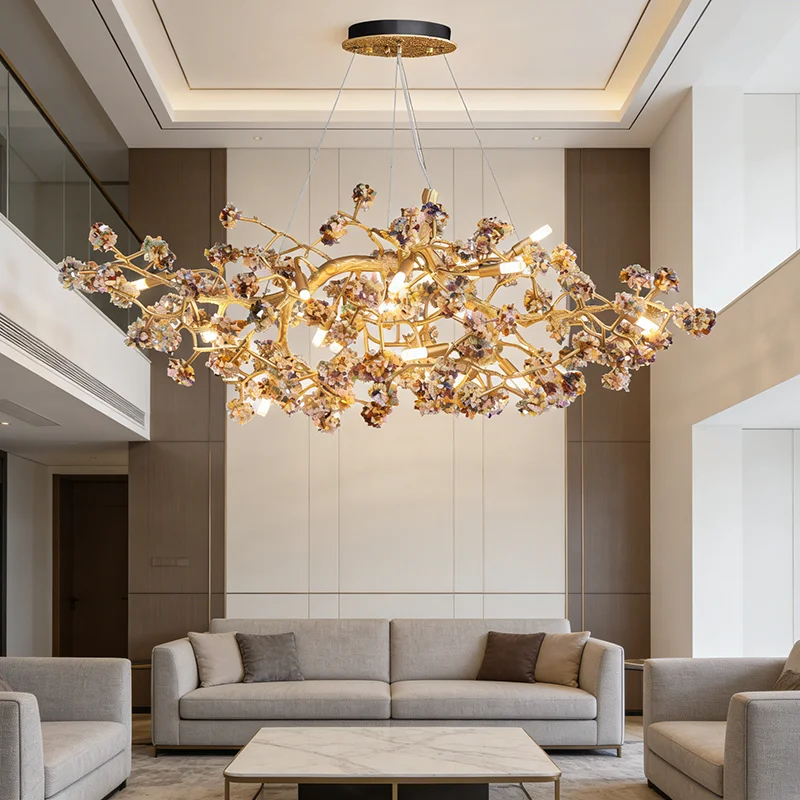 Natural Crystal All Copper Chandelier Modern Luxury Pendant Light for Living Room Dining Room New Home Decor Lighting
