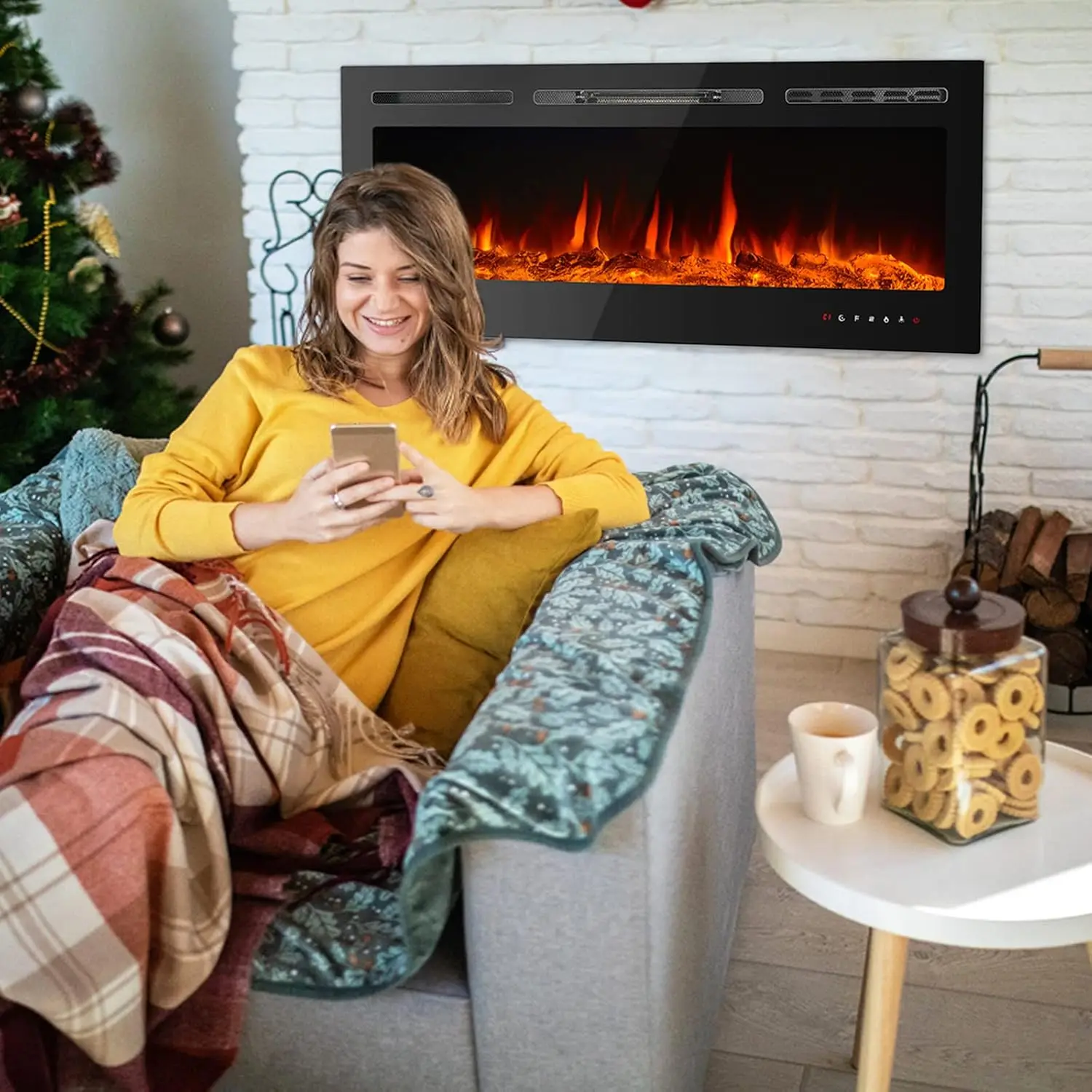 Chimenea empotrada y montada en la pared, calentador de inserción LED, lugar de fuego, Control remoto y táctil, 60 pulgadas