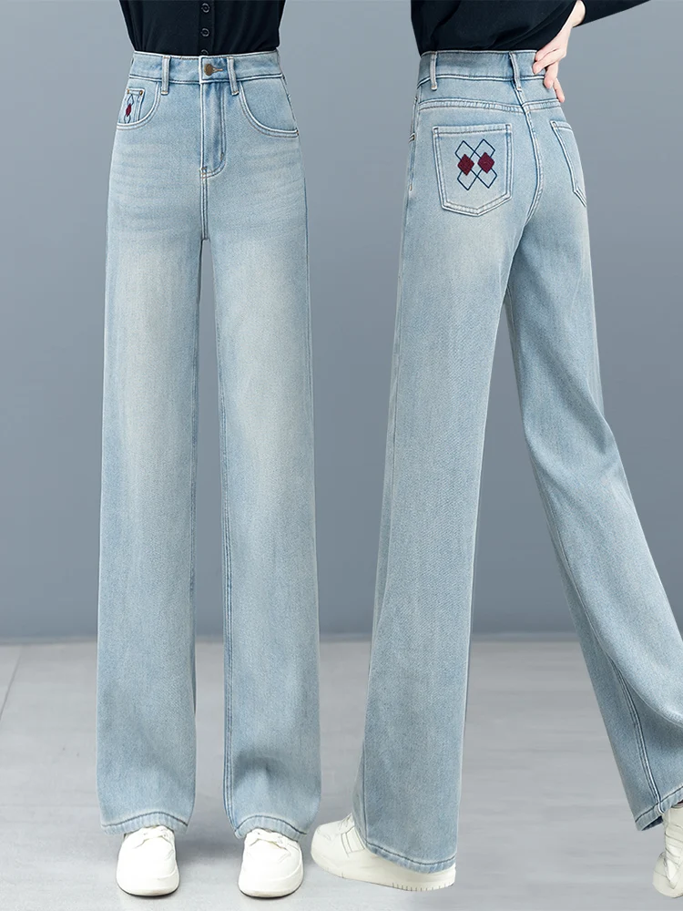 

Женские джинсы с высокой талией, утепленные флисом, широкие, прямого кроя, синие, повседневные, осенне-зимняя новинка