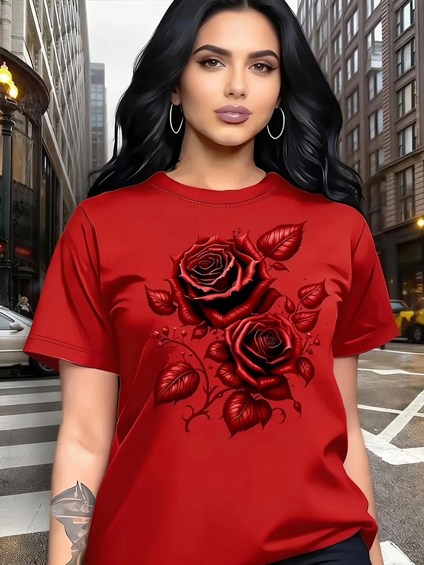 Rose pattern printed T-shirt with fresh and natural breathability and lightweight perfect for spring and summer wardrobes