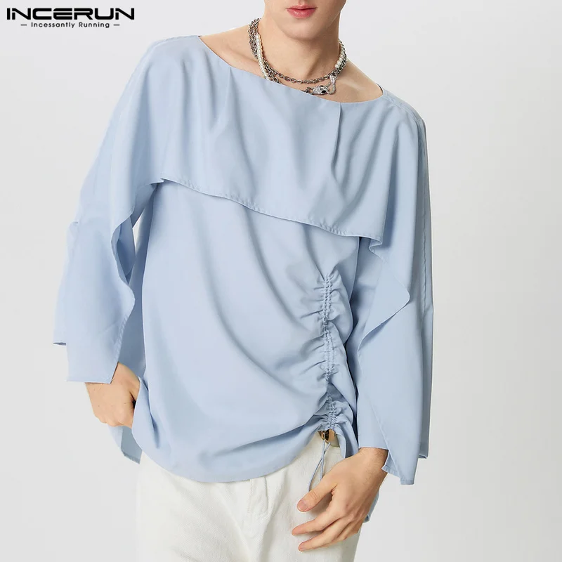 

INCERUN Men Shirt Solid Color Boat Neck Collar Long Sleeve Ruffle Drawstring Men Clothing Streetwear 2024 Fashion Casual Camisas