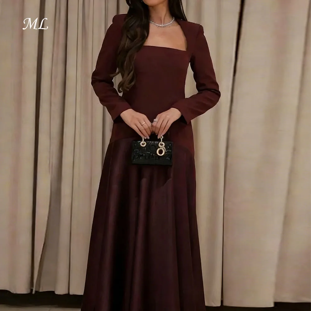 

ML Customized Red Square Collar Long Sleeves robes de soirée Satin A-line Strapless Party Dresses Floor-Length Prom Dress 2026