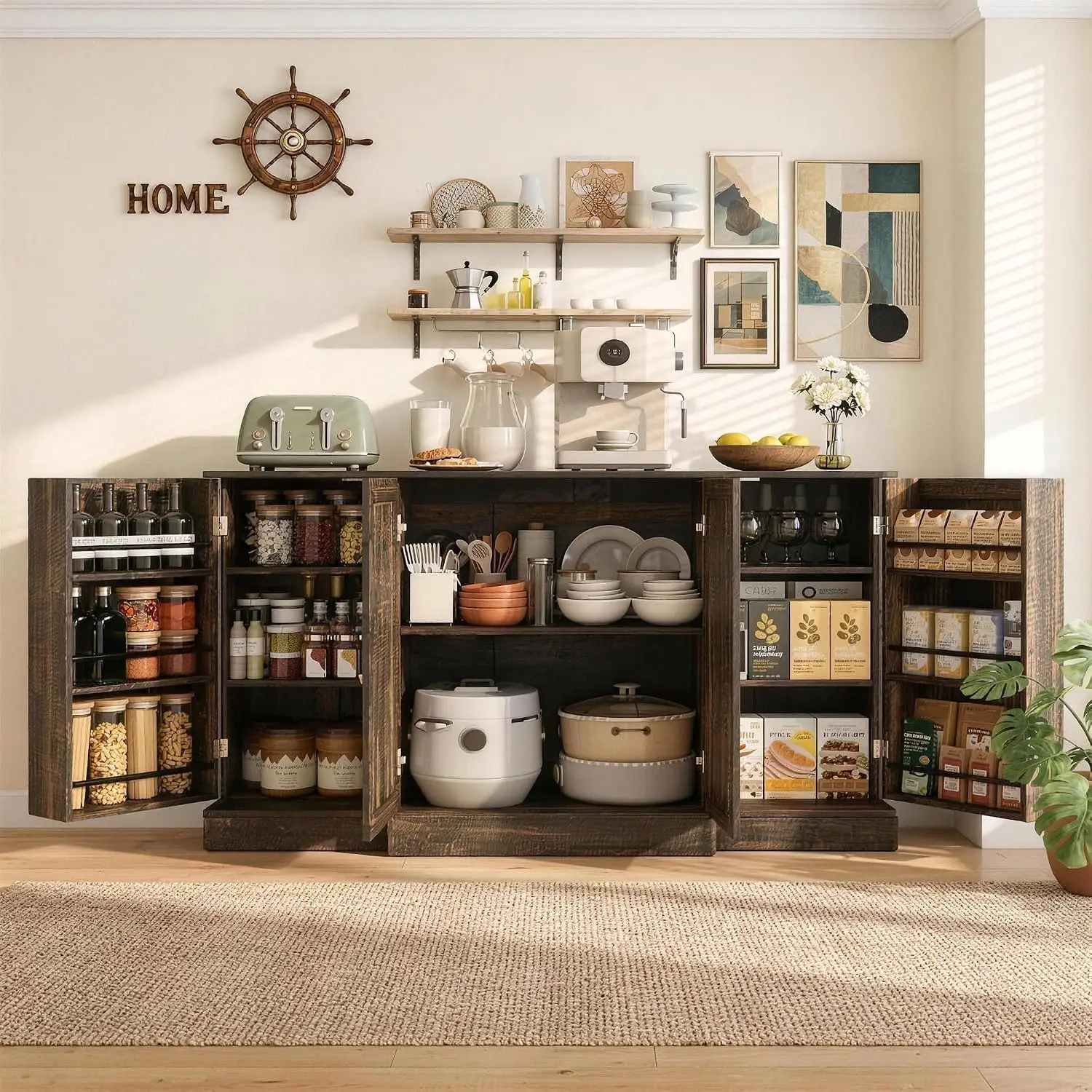 Farmhouse Sideboard Buffet Cabinet with Doors & Adjustable Shelves, Kitchen Dining Storage Bar Table, 59
