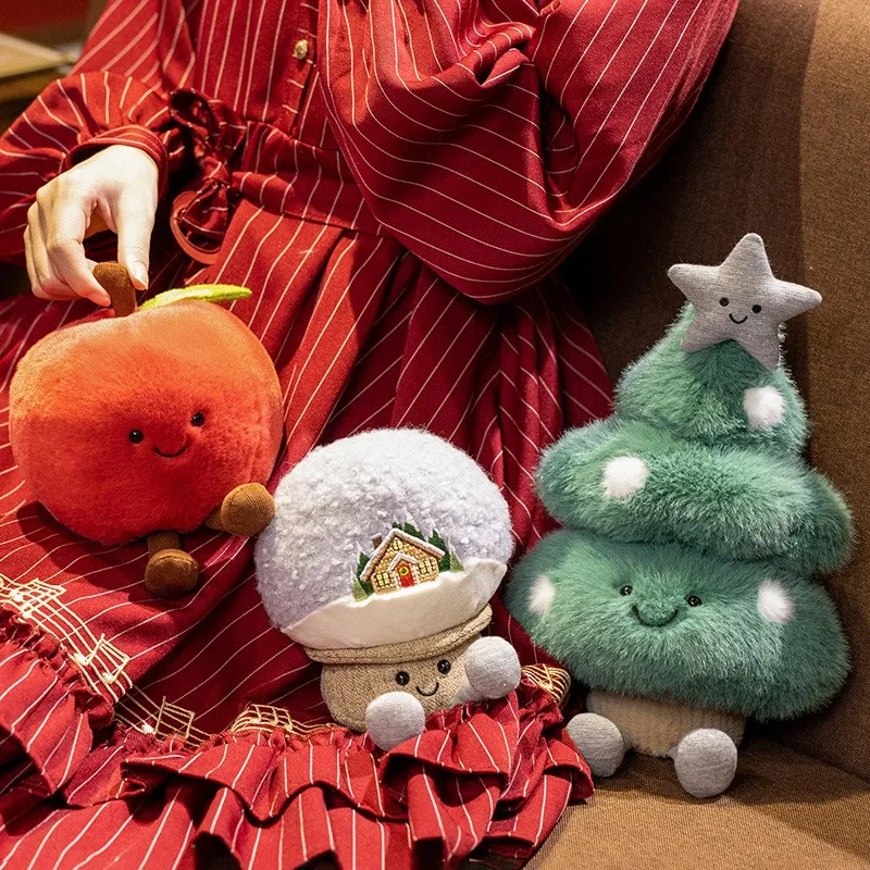 Kawaii Christmas Plush Toy Set Tree Snow Globe Apple Stuffed Dolls Soft Xmas Decor Cuddly Plushies Cartoon Gift For Girl