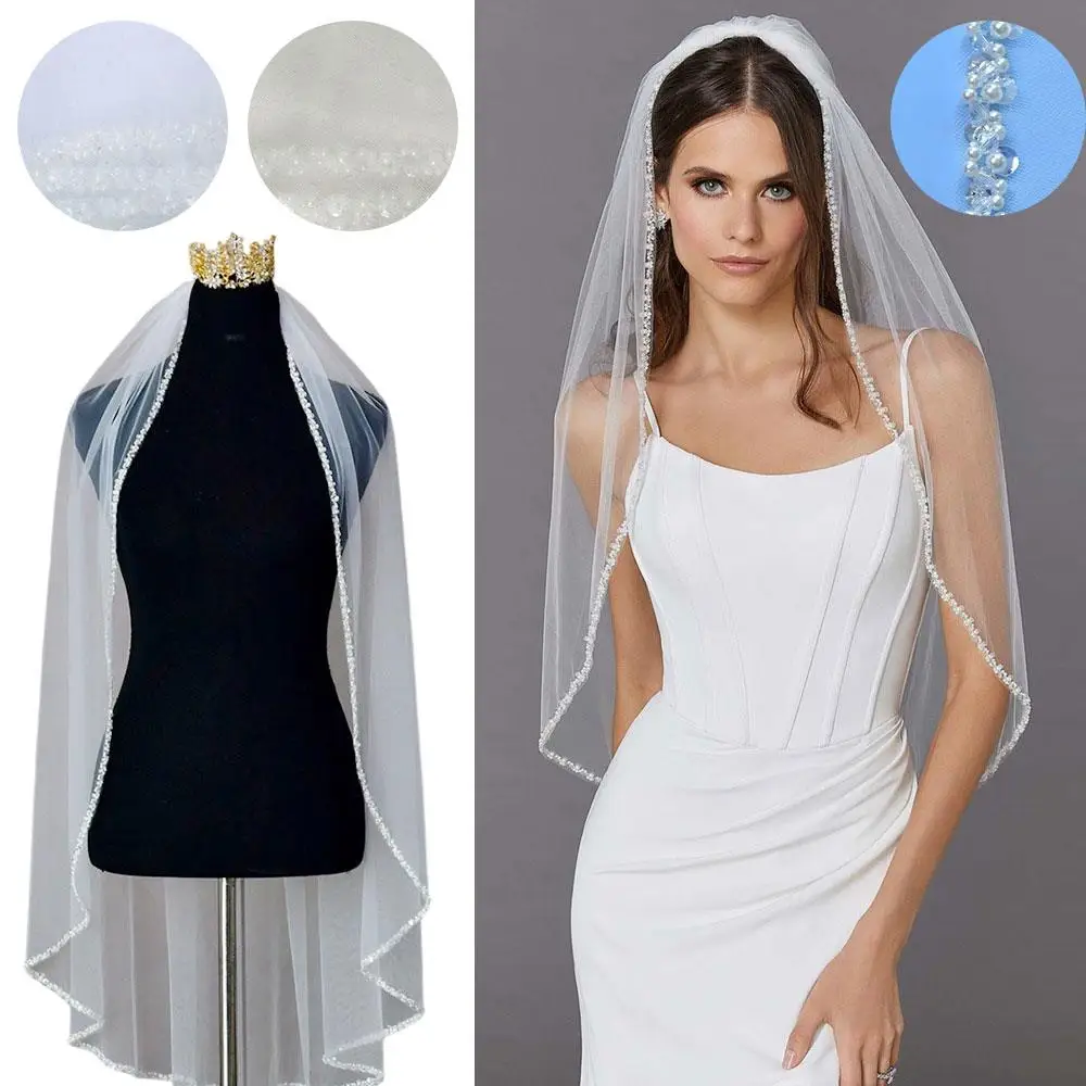 

Long Veil with Comb Transparent Soft Veil One Layer Organza Crystal Pearl Beaded Edge Bridal Wedding Veil Wedding Accessories